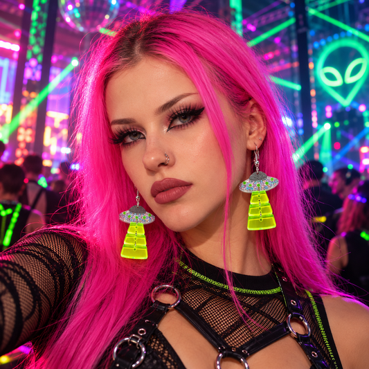 Woman with bright pink hair wearing neon UFO glitter drop earrings at a colourful rave