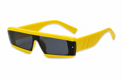 Angled view of neon yellow futuristic rave sunglasses