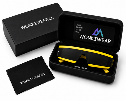 Neon yellow futuristic rave sunglasses in WonkiWear gift box