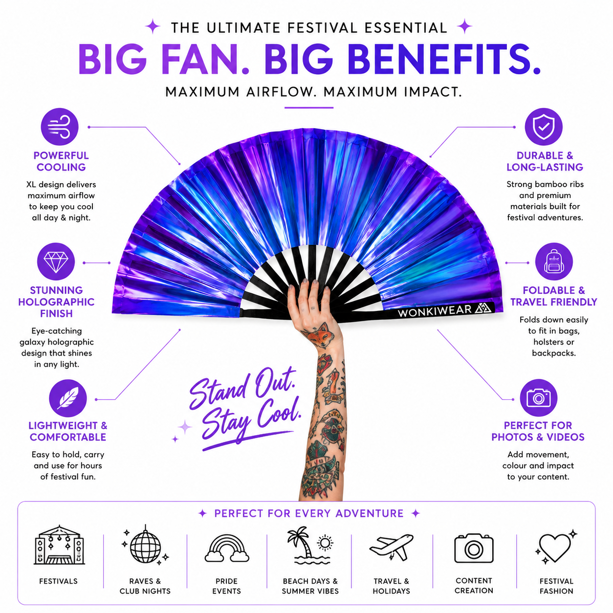 Benefits infographic for Neptune Galaxy XL iridescent festival fan