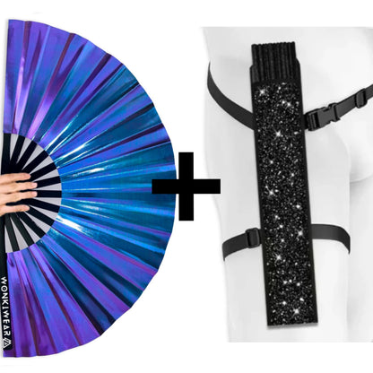Neptune Galaxy XL iridescent festival fan with black shimmer holster bundle
