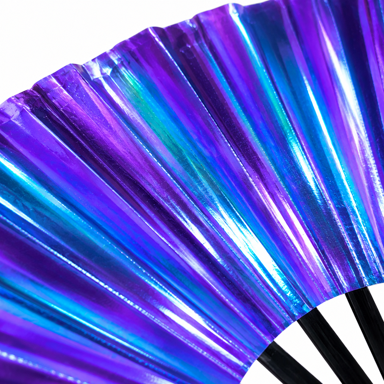 Close-up of Neptune Galaxy festival fan showing blue purple and teal iridescent finish