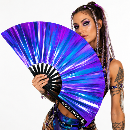 Festival model holding Neptune Galaxy iridescent XL festival fan