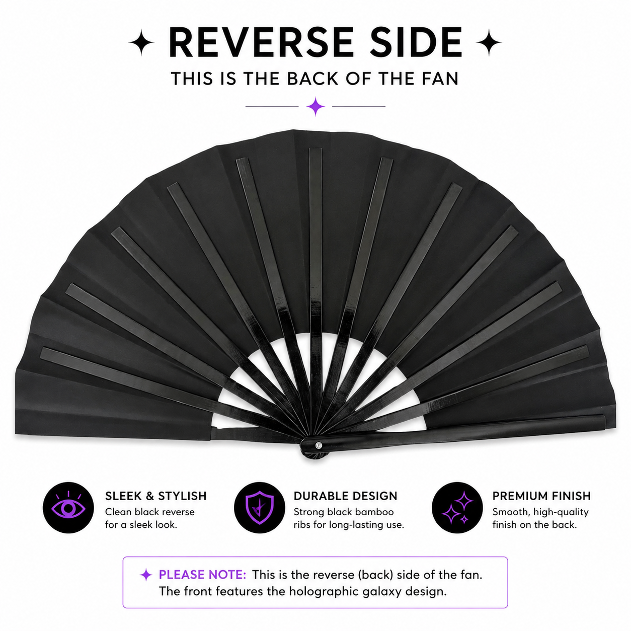 Reverse side of Neptune Galaxy XL festival fan showing black rear design