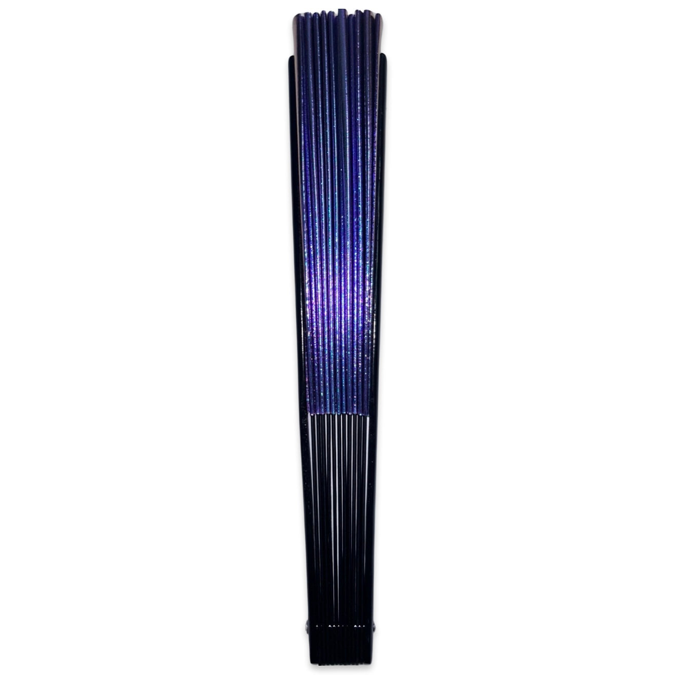Side view of Neptune Galaxy festival fan showing blue purple and teal iridescent finish