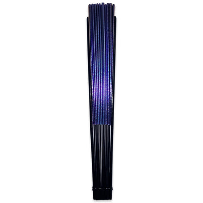 Side view of Neptune Galaxy festival fan showing blue purple and teal iridescent finish