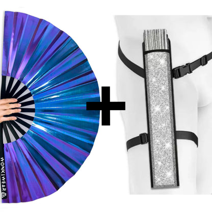 Neptune Galaxy XL iridescent festival fan with silver shimmer holster bundle