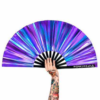 Neptune Galaxy XL iridescent festival fan in blue teal and purple