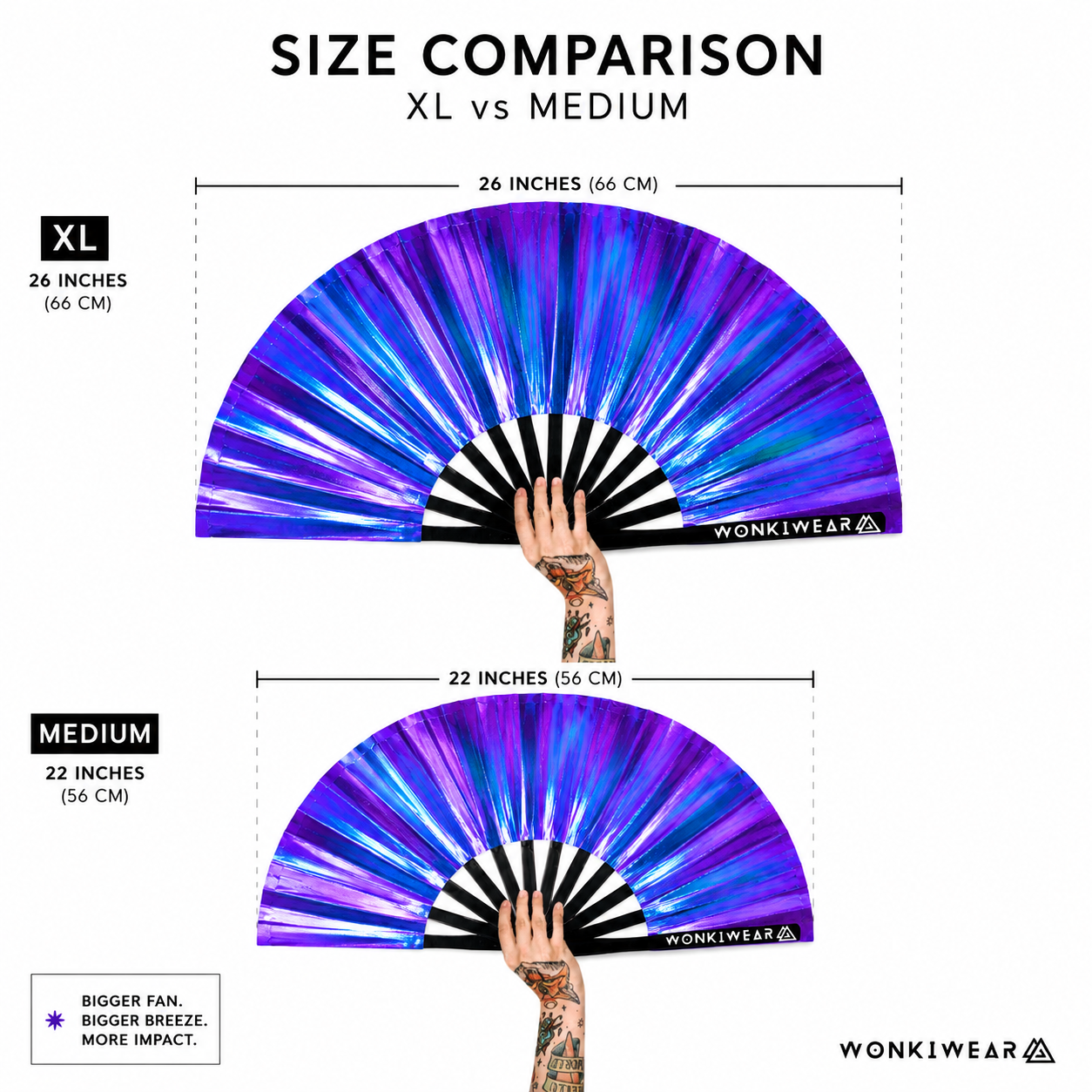 Size comparison showing Neptune Galaxy XL and medium festival fan dimensions