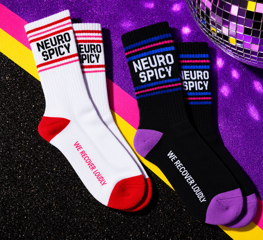 Neuro Spicy statement socks in black and white with colourful striped detailing