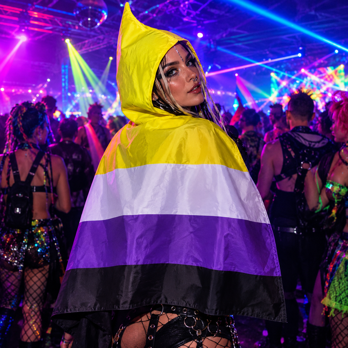 Woman wearing a non-binary pride hooded flag at a neon rave festival