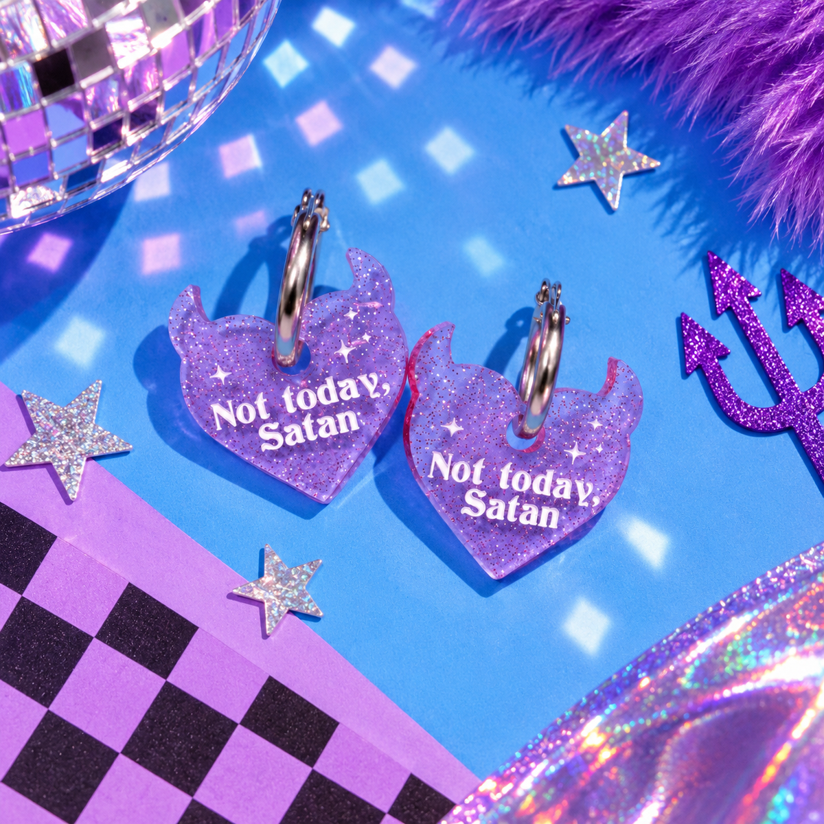 Not Today Satan hoop earrings with glittery purple devil heart charms and silver hoops by Cuteryko
