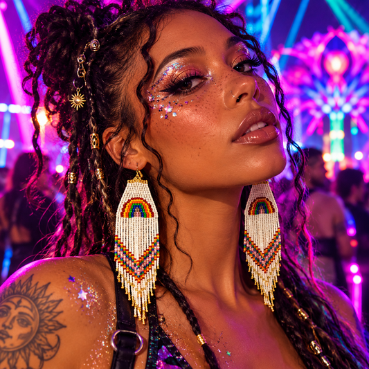Woman wearing off-white rainbow beaded fringe earrings at a neon rave festival