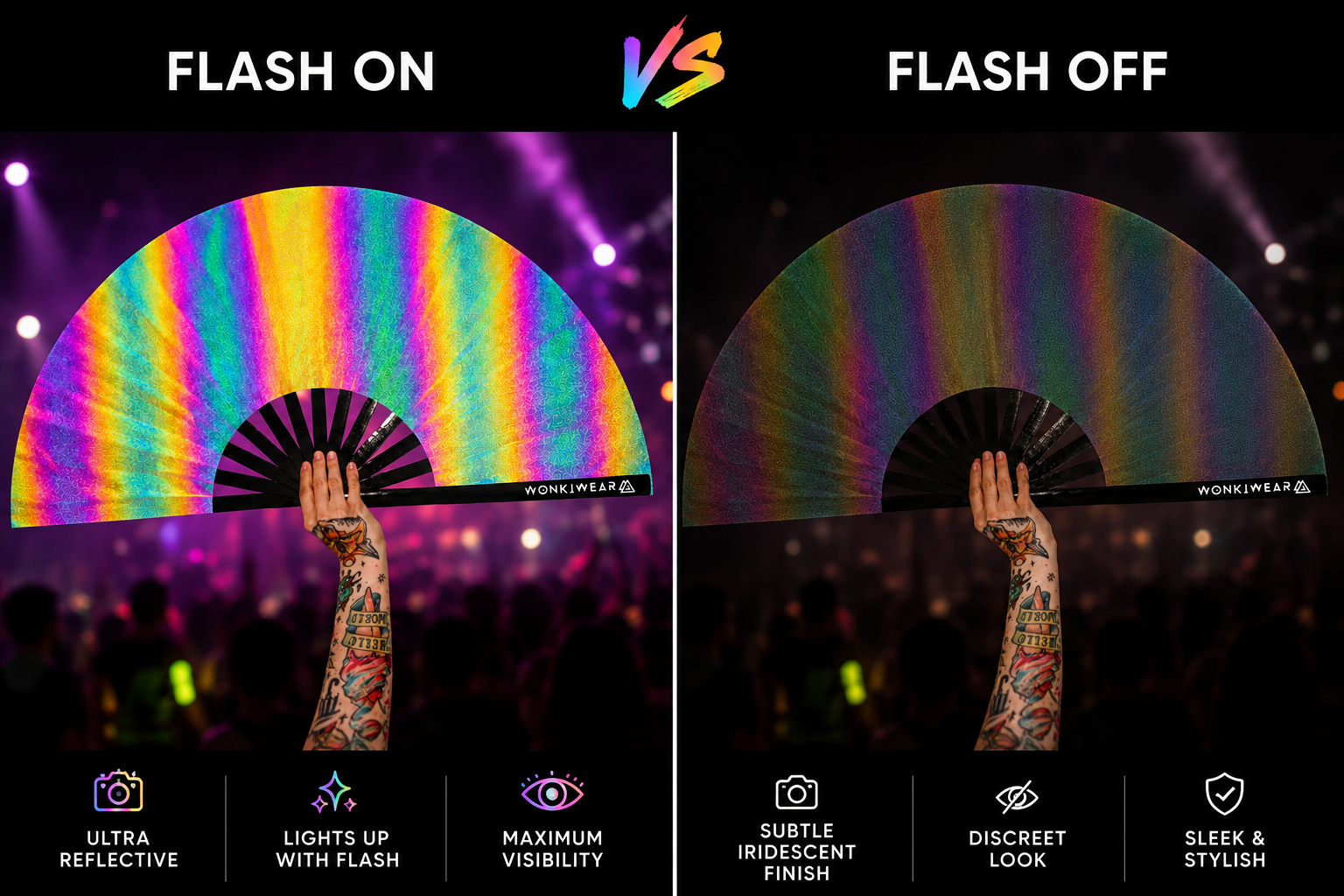     Flash vs no flash comparison of XL oil slick reflective festival fan showing holographic rainbow reflection effect