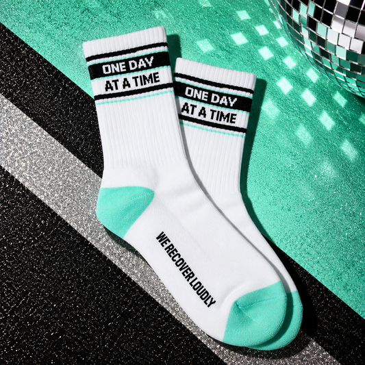 One Day At A Time white recovery socks with mint detailing