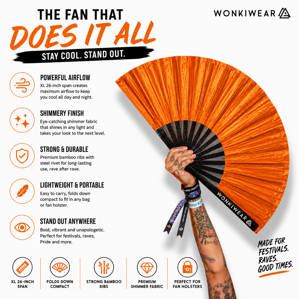 Benefits infographic showing features of WonkiWear orange shimmer festival fan