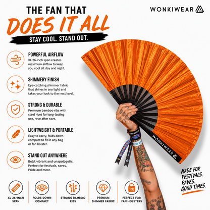 Benefits infographic showing features of WonkiWear orange shimmer festival fan