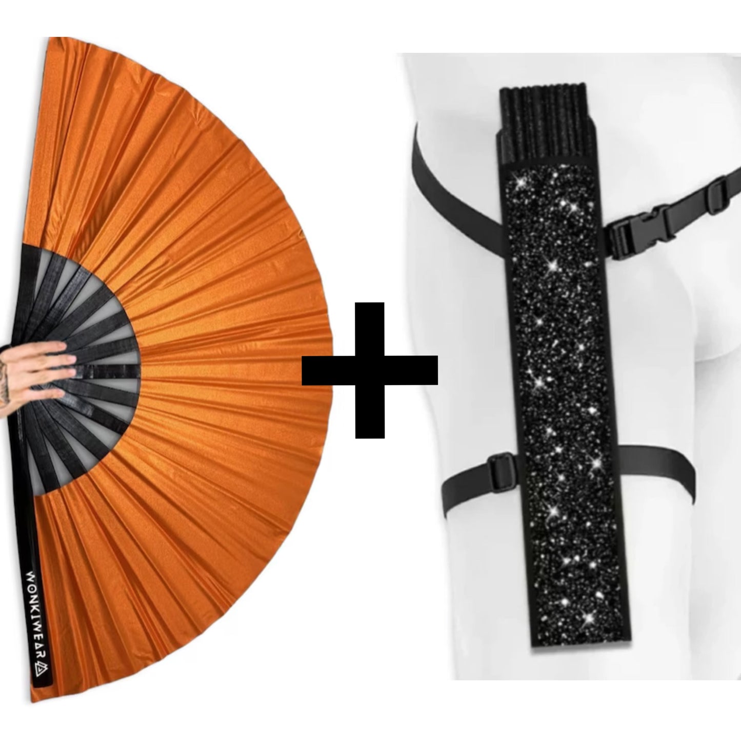 WonkiWear orange shimmer festival fan with black fan holster