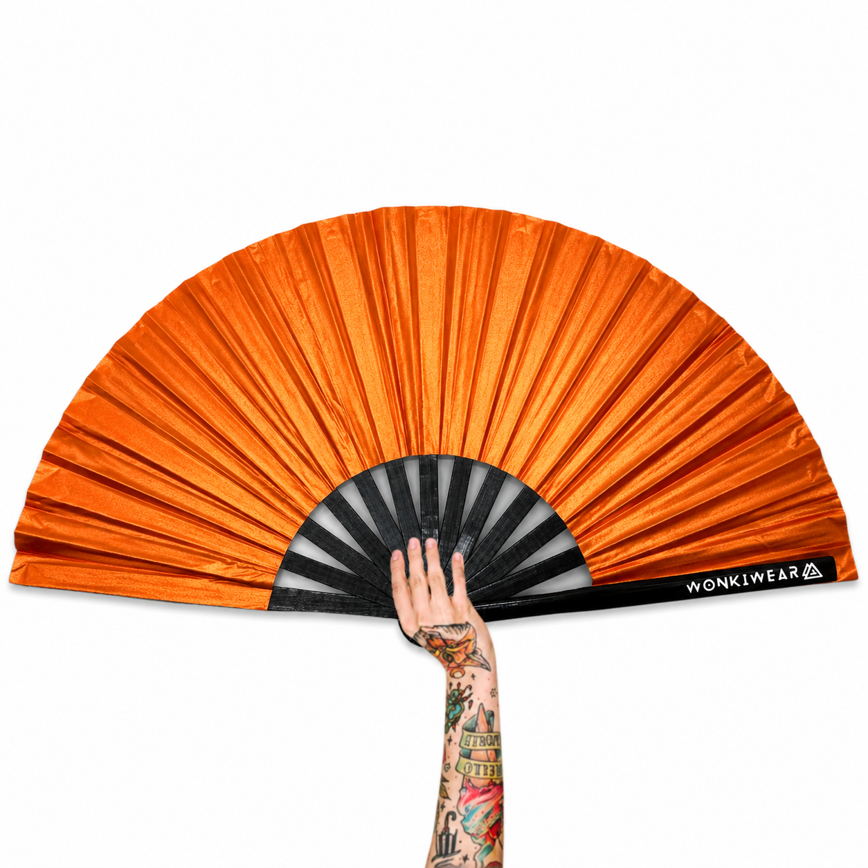 XL orange shimmer festival fan with black bamboo ribs and WonkiWear logo