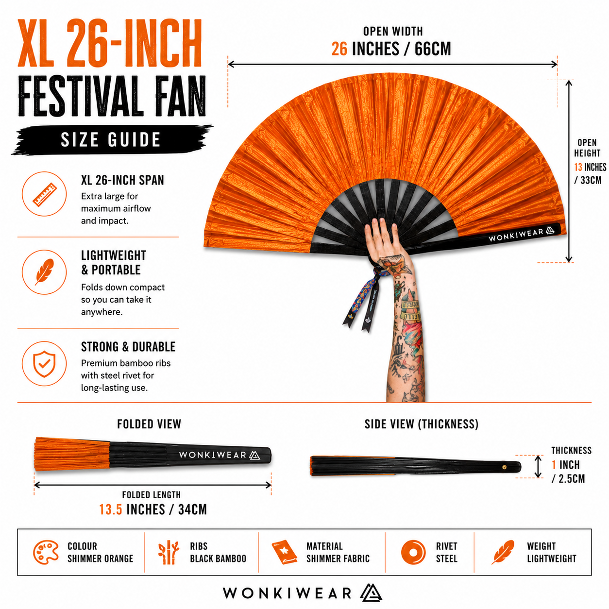 Size infographic showing 26 inch dimensions of XL orange shimmer festival fan