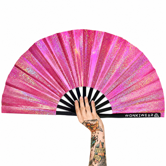 Orion Galaxy holographic metallic pink XL festival fan with rainbow reflective finish