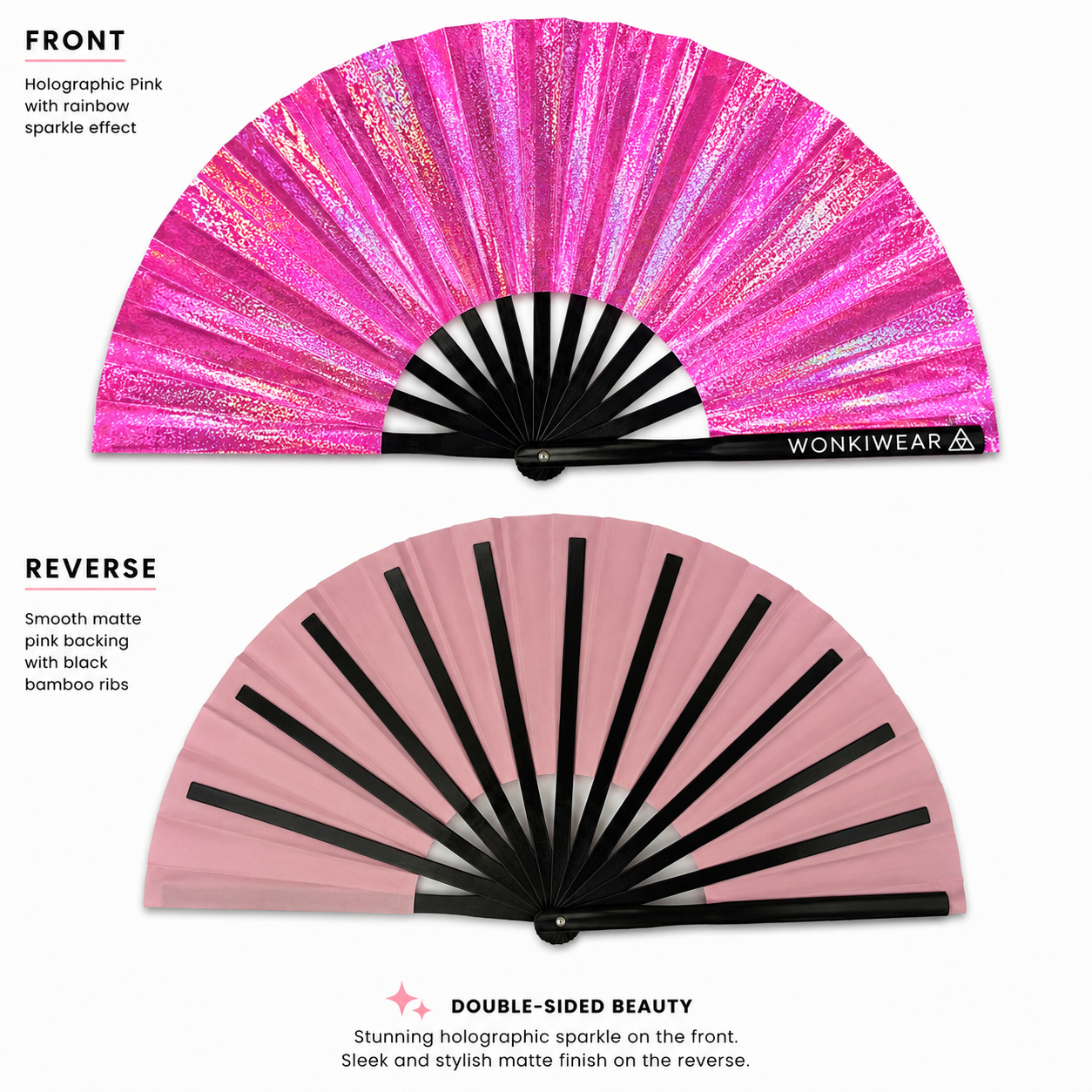 Reverse side of Orion Galaxy festival fan showing pink backing and black bamboo ribs