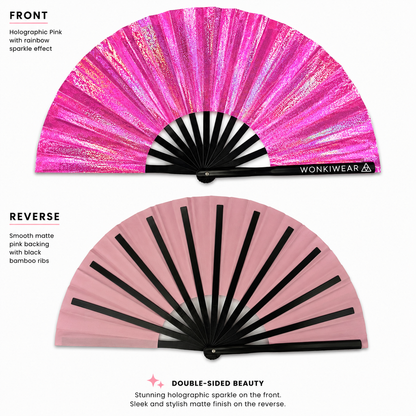 Reverse side of Orion Galaxy festival fan showing pink backing and black bamboo ribs
