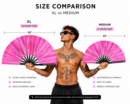 Size comparison showing Orion Galaxy XL 26-inch fan next to medium 22-inch fan