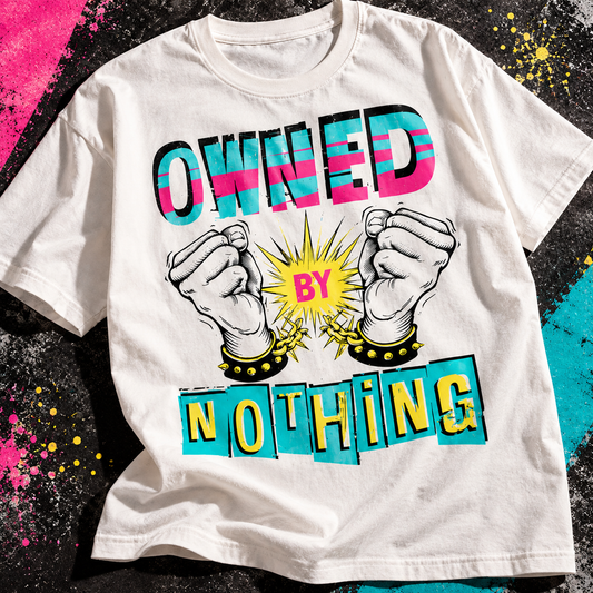 White Owned By Nothing graphic tee with colourful punk-inspired Matthew Oldfield design
