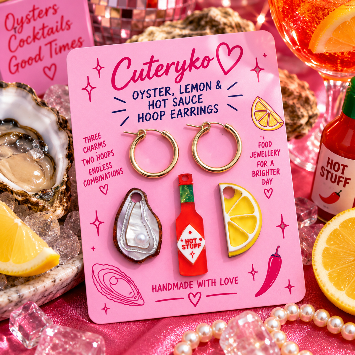 Oyster Lemon and Hot Sauce hoop earrings with three colourful food charms by Cuteryko