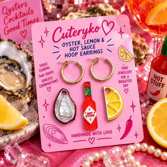 Oyster Lemon and Hot Sauce hoop earrings with three colourful food charms by Cuteryko