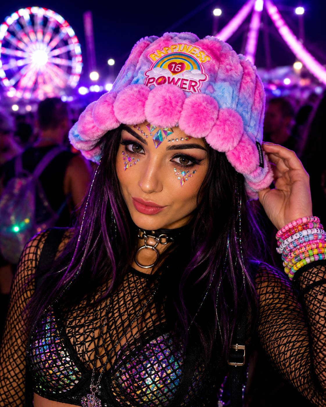 woman wearing pastel furry festival bucket hat at rave