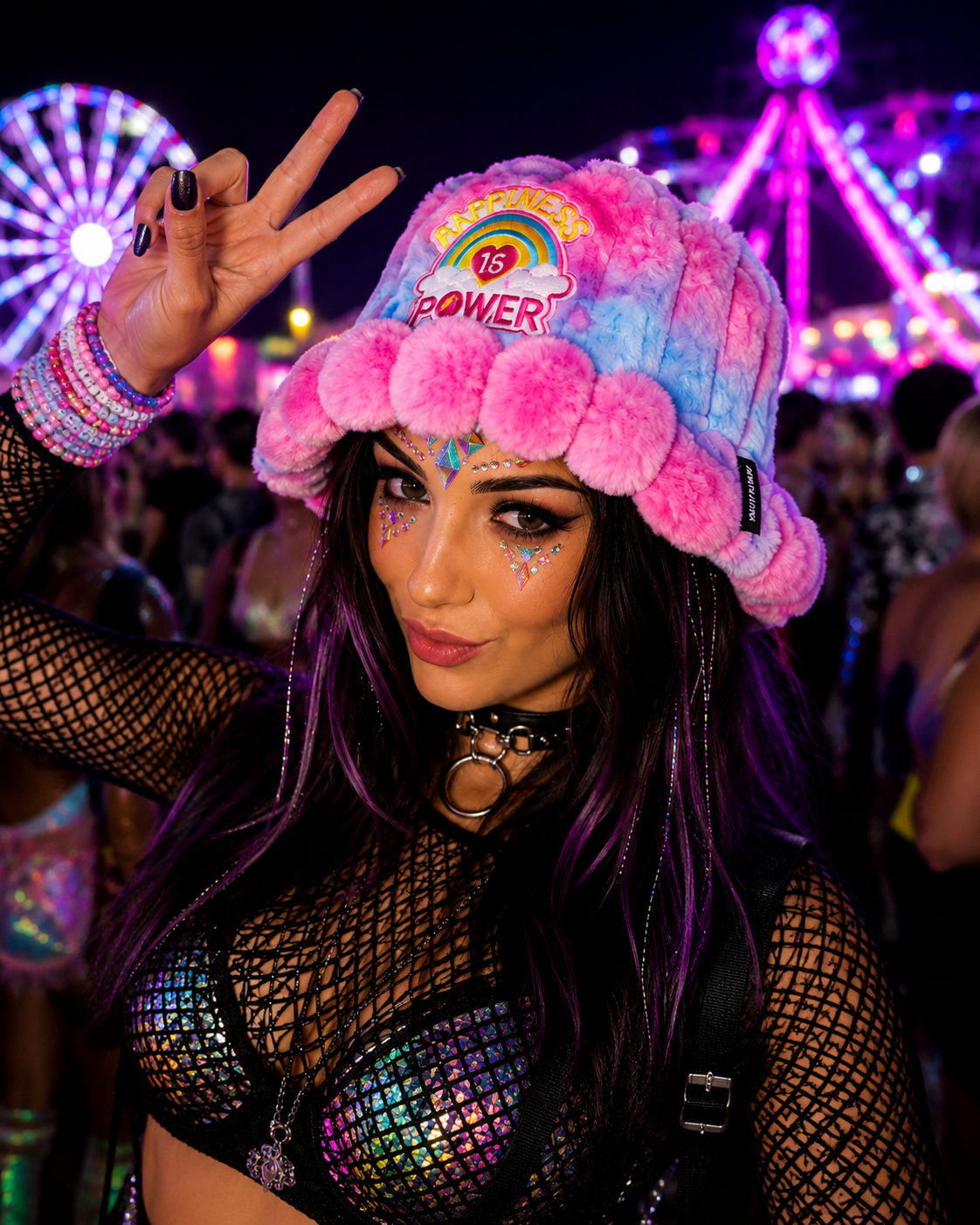 Female model wearing pastel furry festival bucket hat at rave