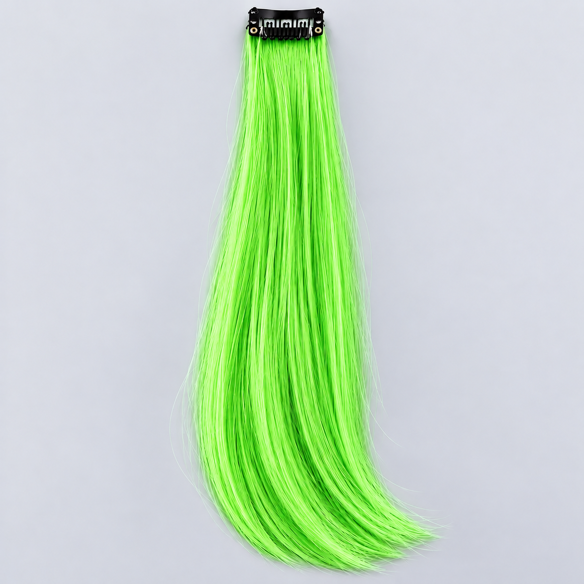 Neon green clip-in hair extension with long, silky lime-green strands and a black attachment clip.