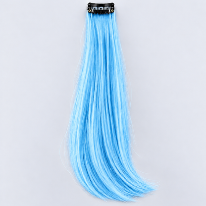 Light blue clip-in hair extension with long, silky pastel-blue strands and a black attachment clip.