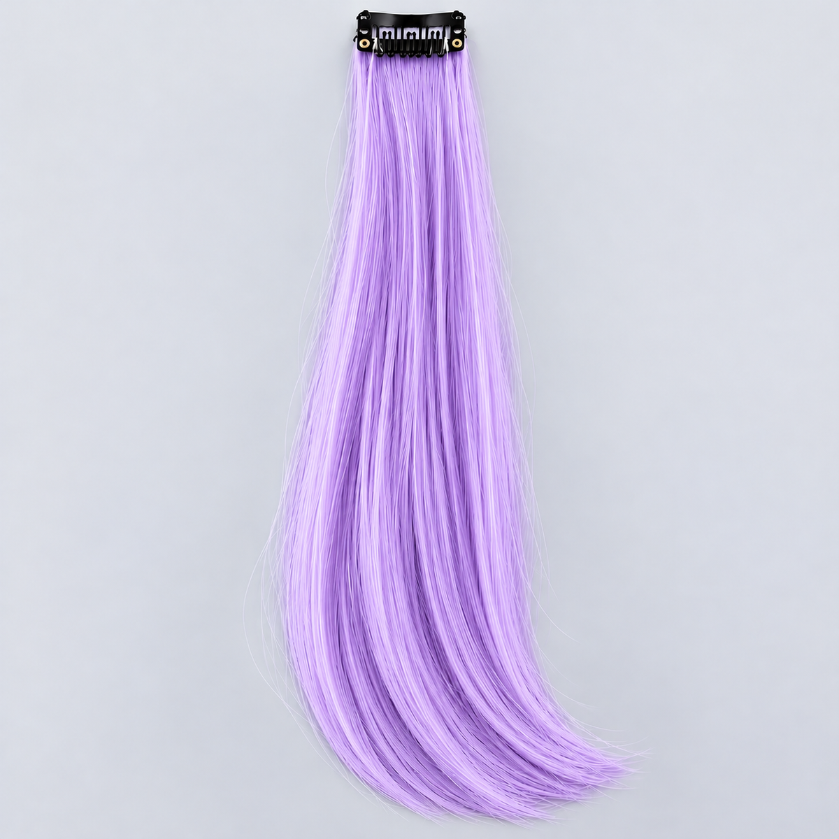 Lilac clip-in hair extension with long, silky pastel-purple strands and a black attachment clip.