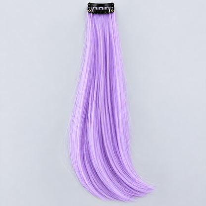 Lilac clip-in hair extension with long, silky pastel-purple strands and a black attachment clip.