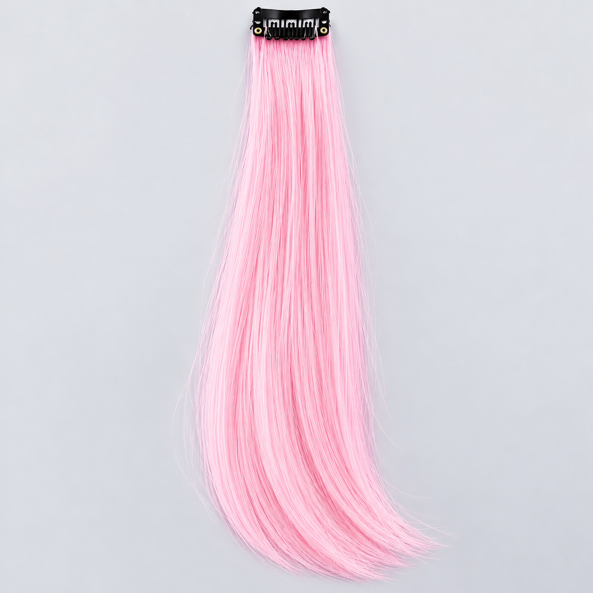Pink clip-in hair extension with long, silky strands and a black attachment clip.