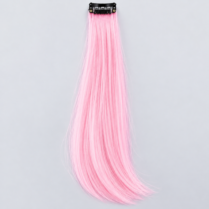 Pink clip-in hair extension with long, silky strands and a black attachment clip.