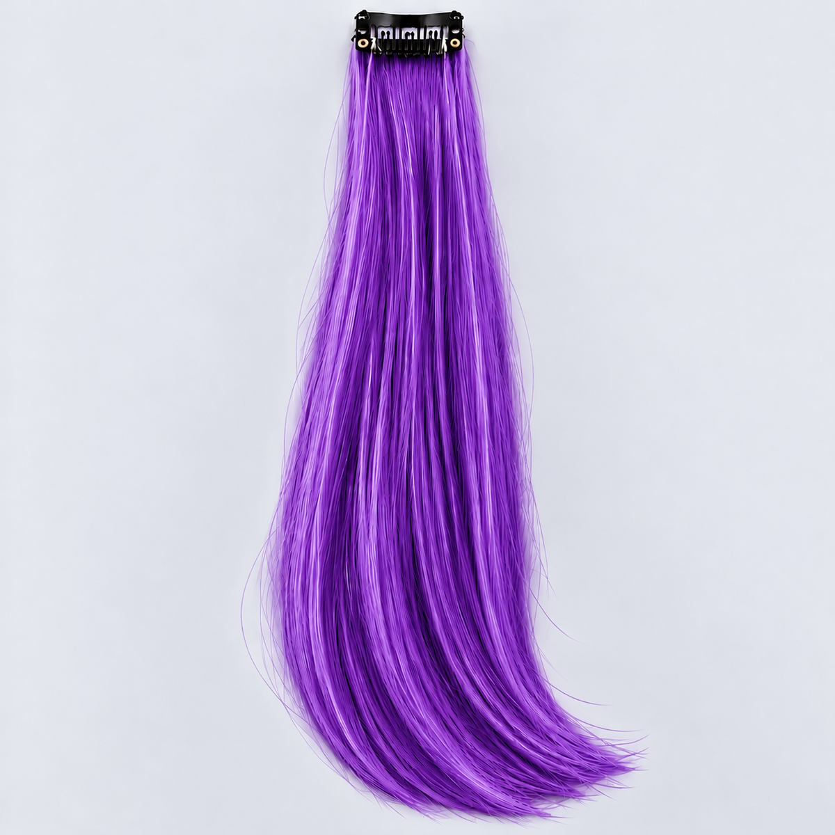 Purple clip-in hair extension with long, silky vibrant-purple strands and a black attachment clip.