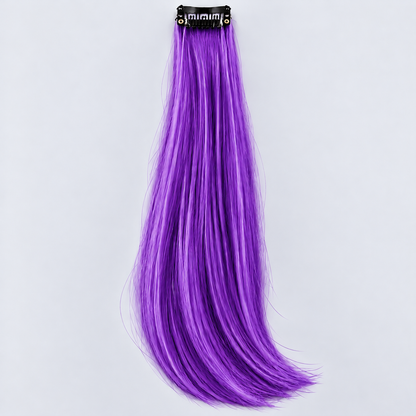 Purple clip-in hair extension with long, silky vibrant-purple strands and a black attachment clip.
