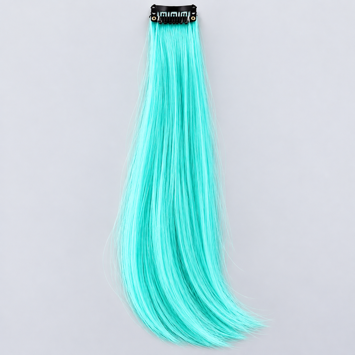 Turquoise clip-in hair extension with long, silky aqua strands and a black attachment clip.