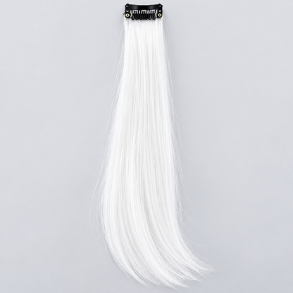 White clip-in hair extension with long, silky strands and a black attachment clip.