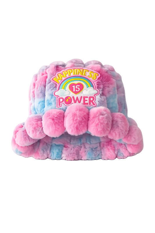 pastel pink blue furry bucket hat with happiness is power embroidered patch