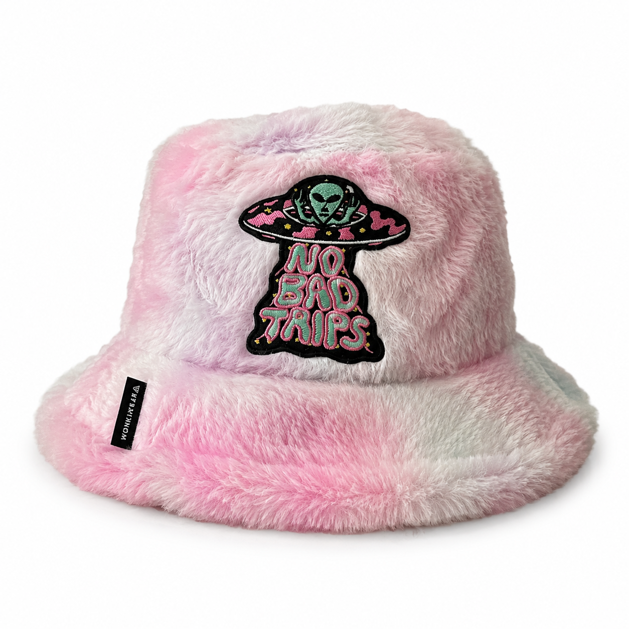 Pastel pink furry bucket hat with No Bad Trips alien embroidered patch