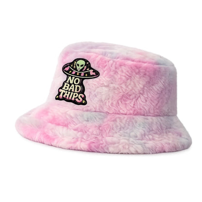 Side view of pastel pink faux fur bucket hat festival accessory