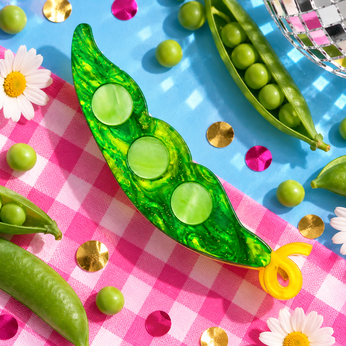 Pea Pod Hair Clip with three peas and glittery green acrylic design by Cuteryko