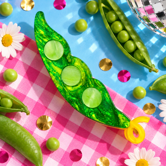 Pea Pod Hair Clip with three peas and glittery green acrylic design by Cuteryko