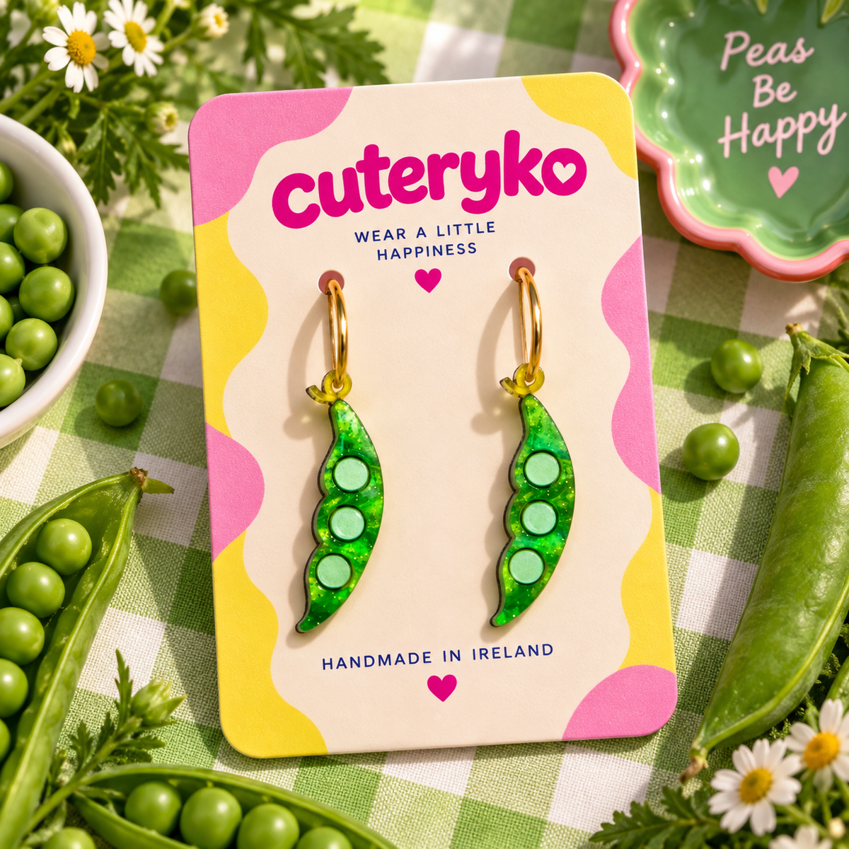 Pea Pod Hoop Earrings with glittery green pea pods and three peas in each by Cuteryko