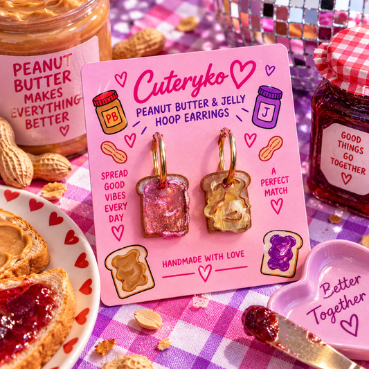 Peanut Butter and Jelly Sandwich hoop earrings with glittery toast charms by Cuteryko